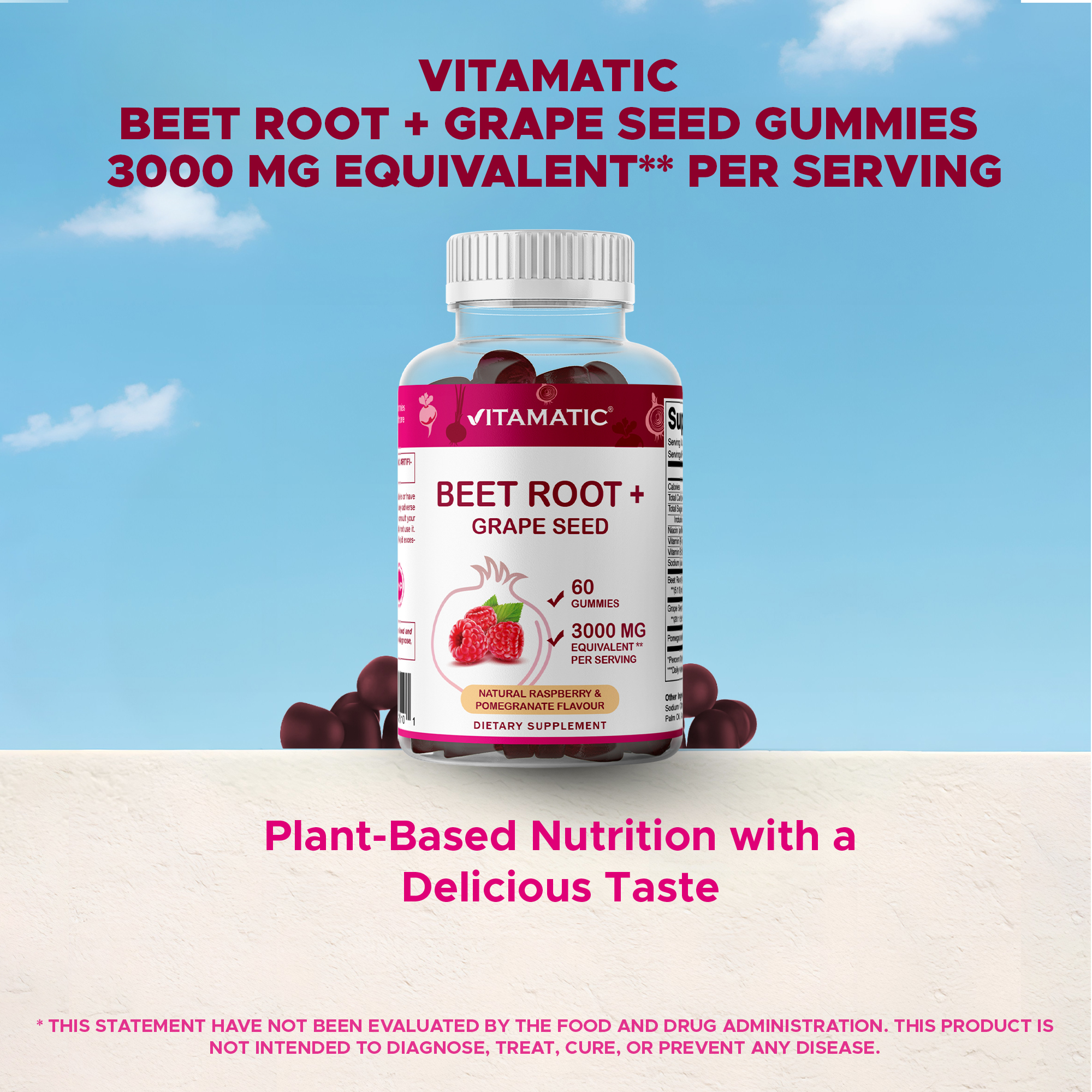 (3 pack) Vitamatic Beet Root Gummies 3000 mg Equivalent Per Serving - 60 Gummies - Made with Vitamin B6, B12, Grape Seed, Pomegranate & Nicotinamide