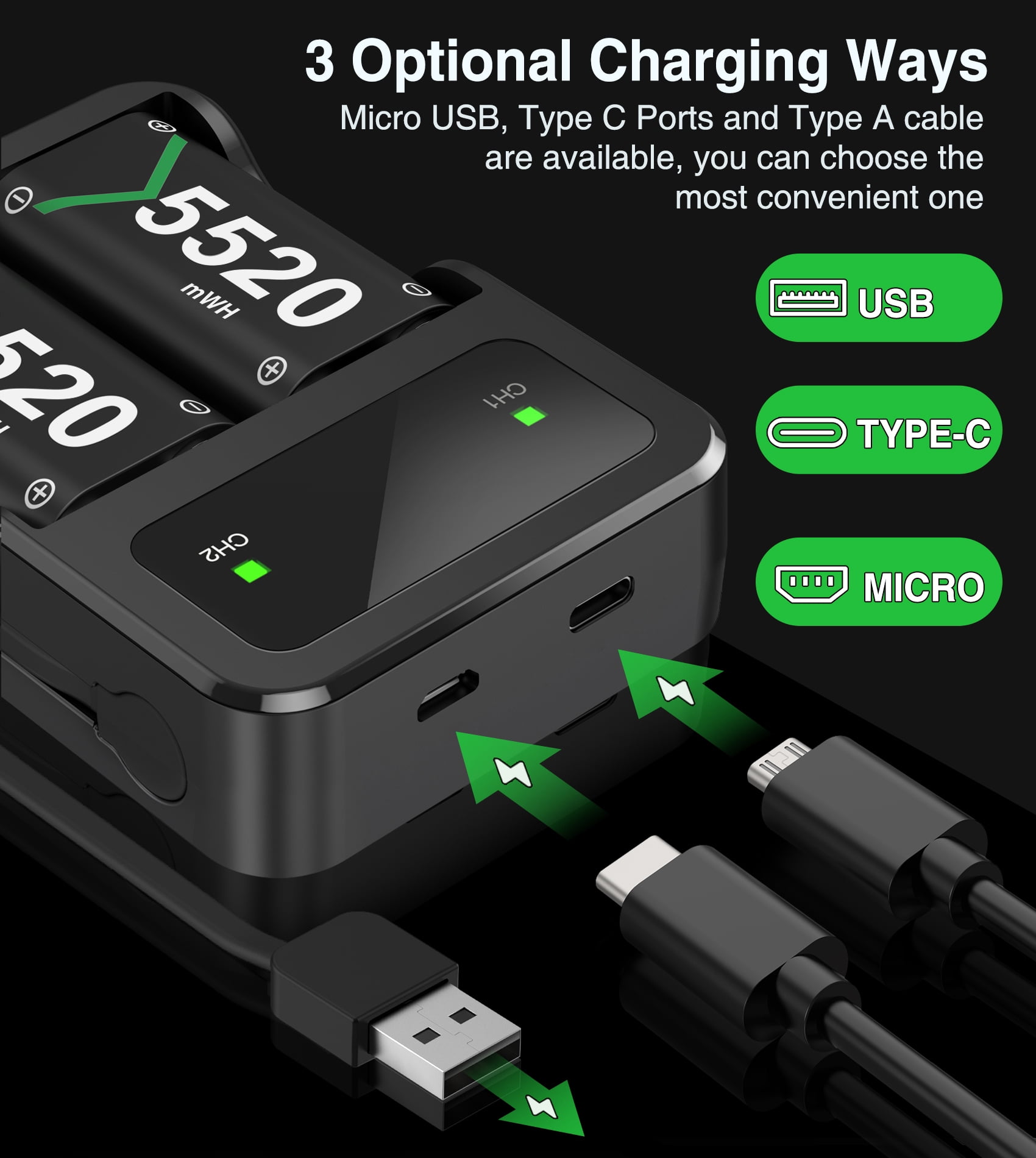 BEBONCOOL Batería Recargable para Controlador Xbox Series X con 3 Modos de Carga, Batería de Controlador 2x2550 mAh (5520mWh) para Accesorios Xbox Series S,Xbox One