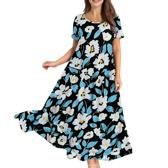 WTOBBY Women Casual Loose Bohemian Floral Short Sleeve Long Maxi Summer Beach Swing Dress for Outdoor Activities and Relaxed Style,Black L