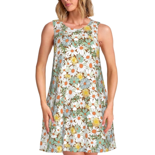 Vsdgher Robe d'Été Imprimé Marguerite pour Femmes Décontractée Col en U Robe de Plage Sans Manches Robe Débardeur Ample avec Poche