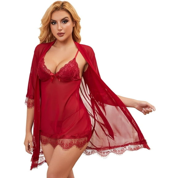 LOFIR Women Sexy Lingerie Set 3 Piece Lace Kimono Robe Strap Chemise Sleepwear Mesh Nightgown