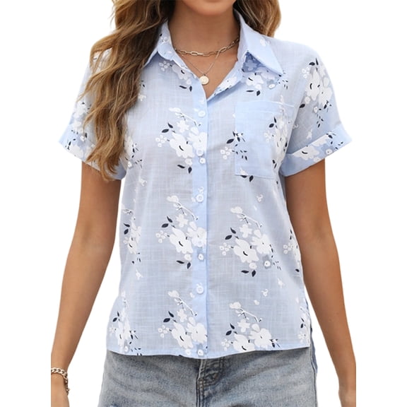 Womens Button Down Shirt Short Sleeve Loose Collared V Neck Tunics Summer Tops Work Casual Blouses Light Blue S