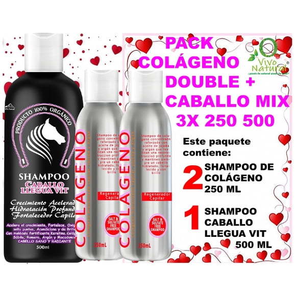 COLÁGENO DOUBLE + CABALLO MIX 3X 250 500 VIVONATURAL. 2 Shampoo de Colágeno Regenerador capilar VIVONATURAL de 250 ml y 1 Shampoos Caballo LleguaVit crecimiento acelerado VIVONATURAL de 500 ml
