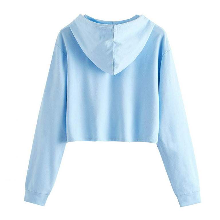 iOPQO crop tops for women Women Drawstring Crop Sweatshirt Crop Top Hoodie  Pullover Top Blouse Long Sleeve Crew Neck Crop Blue XL 