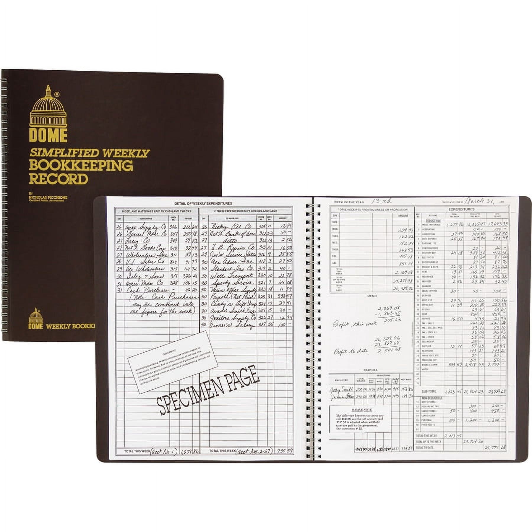 Dome Bookkeeping Record Book - 128 Sheet(s) - Wire Bound - 8.75" X 11.25" Sheet Size - Brown Cover - Recycled - 3 / Bundle