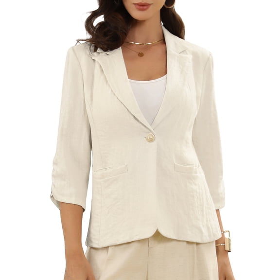 DARING DIVA Women's Linen Notch Lapel 3/4 Sleeve Suit Blazer Jacket XS Beige