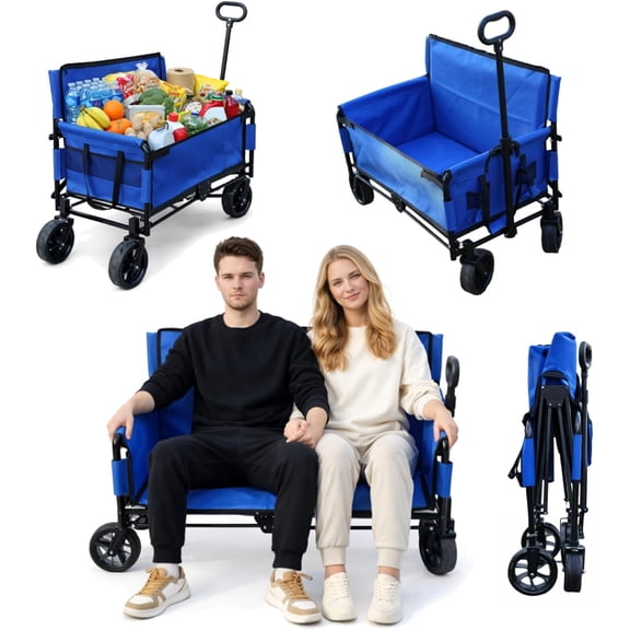 Foldable Wagon with Seat for Adults, 2-in-1 Cart Converts to 2-Person Sofa, Heavy Duty 500 lbs Bench Chair with All-Terrain Wheels