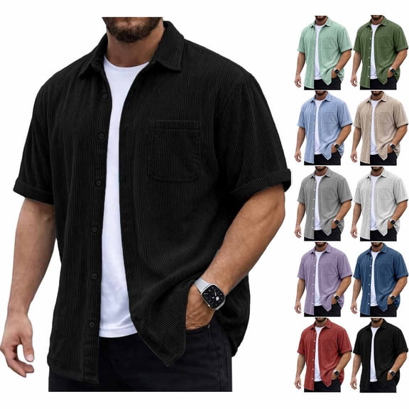 Vetsdori Mens Corduroy Shirts Short Sleeve Big and Tall Summer Button up Work Pocket Casual Plain Collar T-Shirts for Men Stylish