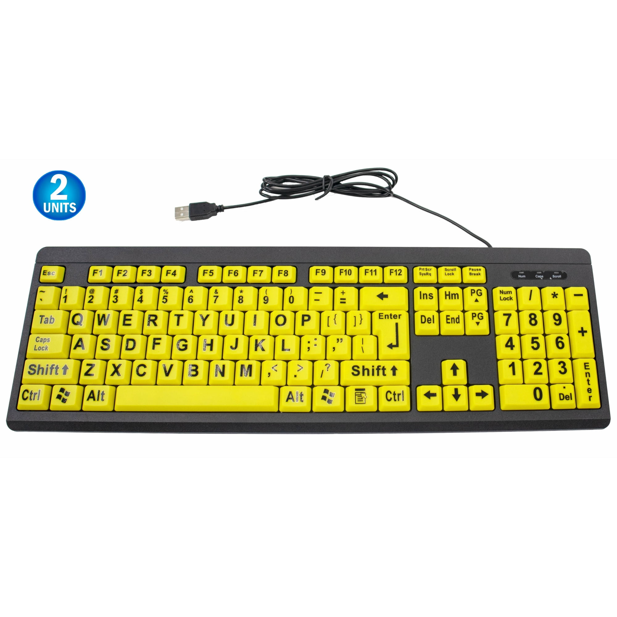 2 Big Bright Easy See Keyboard - High Contrast Yellow with Oversized Black Letters - Ideal for Seniors, Visually Impaired or Bad Vision Users - USB Qwerty Keyboard with Large Print Keys