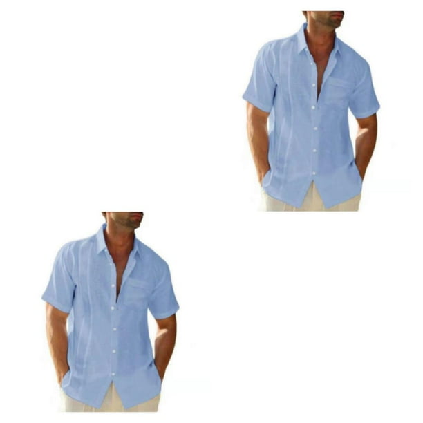 Qarigey Camisa de poliester para hombre camisa transpirable con botones hacia abajo Color solido para el hogar y la oficina camisas de Azul claro 3XL 2piezas Walmart en linea