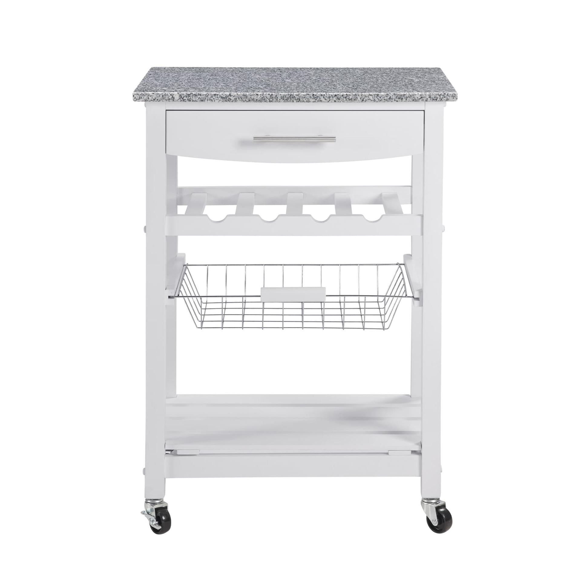 Mobile Rolling Kitchen Island Trolley Serving Cart with Underneath Drawer & Slide-Out Wire Storage Basket