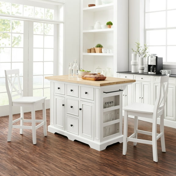 Kitchen Island with Stools - Antique White Storage Cart - 5 Drawer Kitchen Island Set - Dining Island