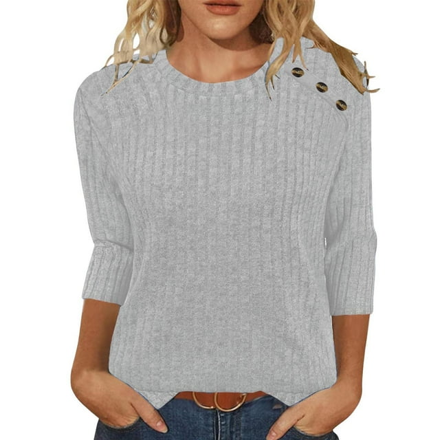 Pincandy Chandails pour Femmes Mode d'Automne Hauts à Manches 3/4 Col Ras du Cou Chemises à Boutons Chandail Décontracté Mignon Vêtements d'Hiver