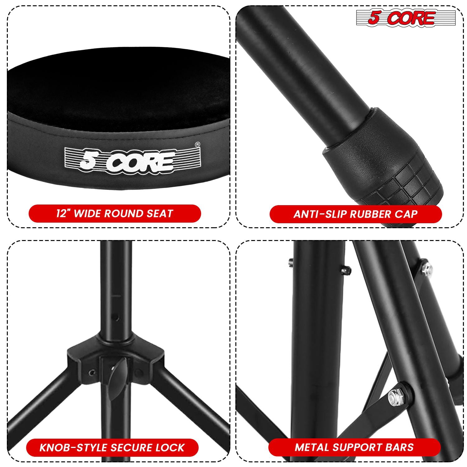 Adjustable Drum Throne Stool with 3" Thick Padding – Heavy-Duty 330 lb Capacity Guitar Seat for Adults & Kids, Anti-Slip Tripod Base