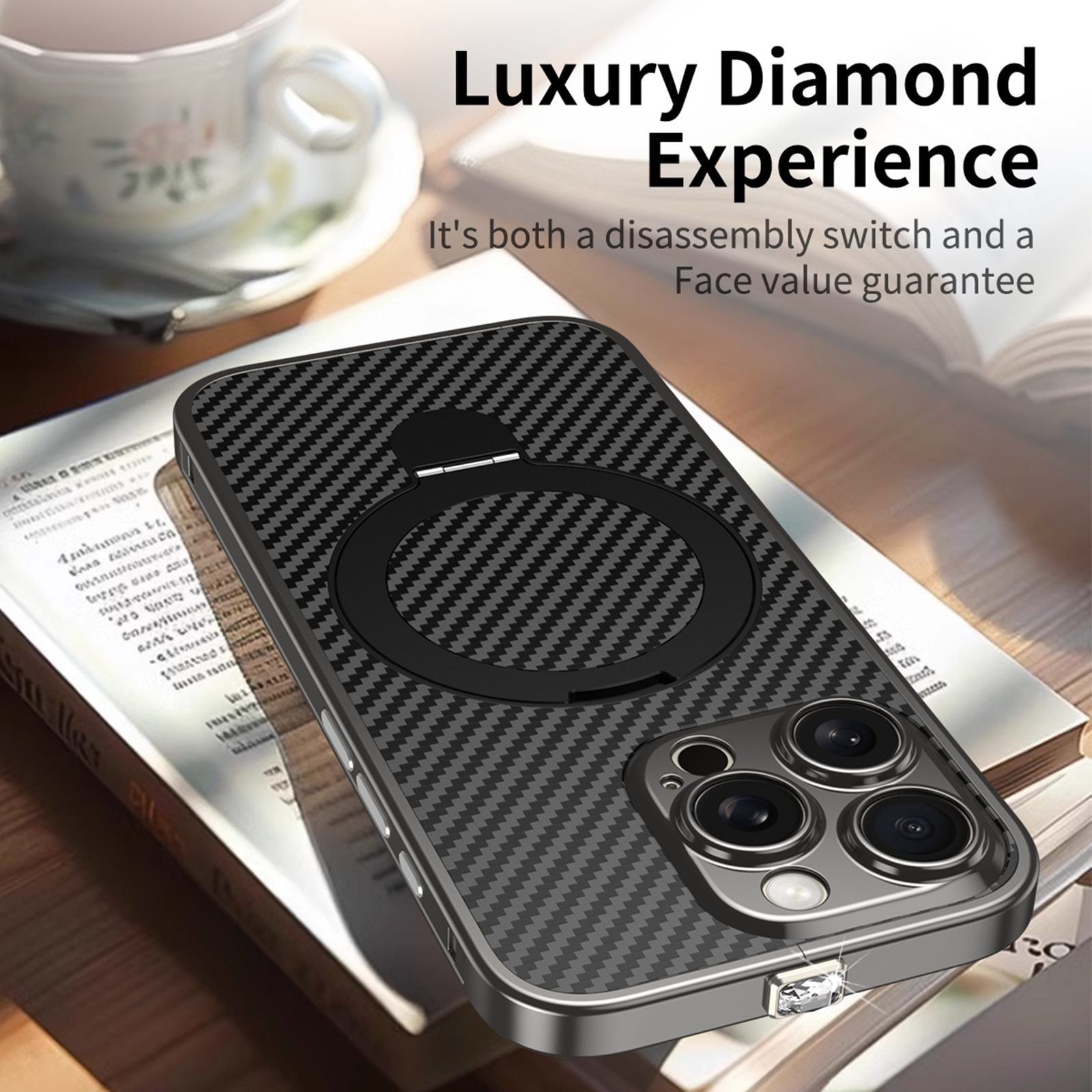 ELEHOLD for iPhone 15 Pro Case,Compatible with Magsafe Accessories, Heavy Duty  Carbon Fiber Ring Kickstand Magnetic Rugged Shockproof Case for iPhone 15 Pro,Silver