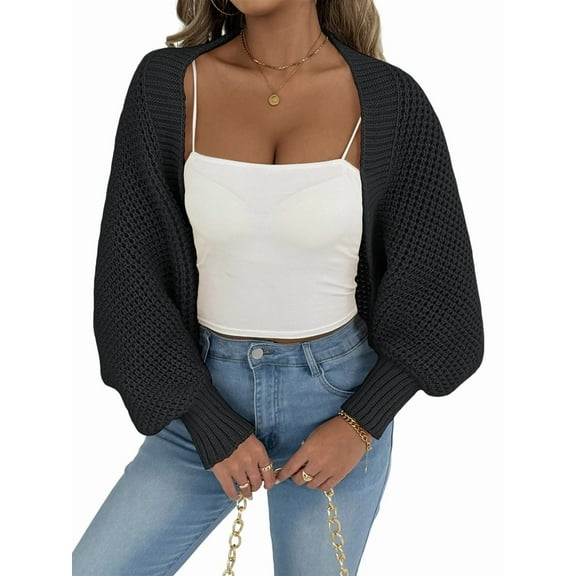 Women Open Front Ribbed Knit Crop Drop Shoulder Long Sleeve Solid Loose Fit Knitted Crop Cardigan Shrug Black One size