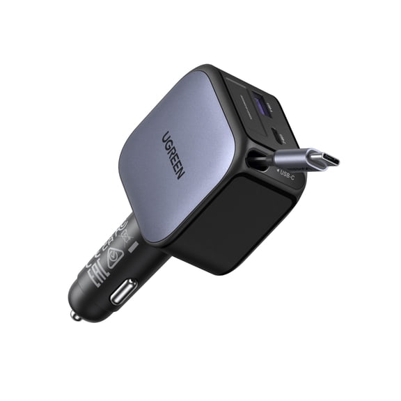 UGREEN 60W Retractable Car Charger, 3-in-1 USB C Fast Car Charger with Built-in 2.3FT Retractable Cable, 30W PD Charging, USB C & USB A Ports for iPhone 18/17/16, Samsung Galaxy S25/S24, iPad