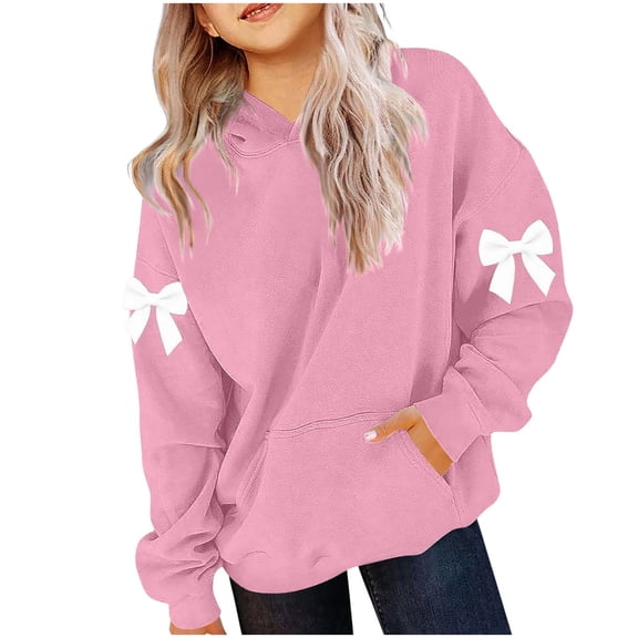 Ruyang Girls Cute Bowknot Hoodies Kids 3D Graphic Oversized Pullover Sweatshirts Spring Trendy Hooded Sweatshirts Sweater