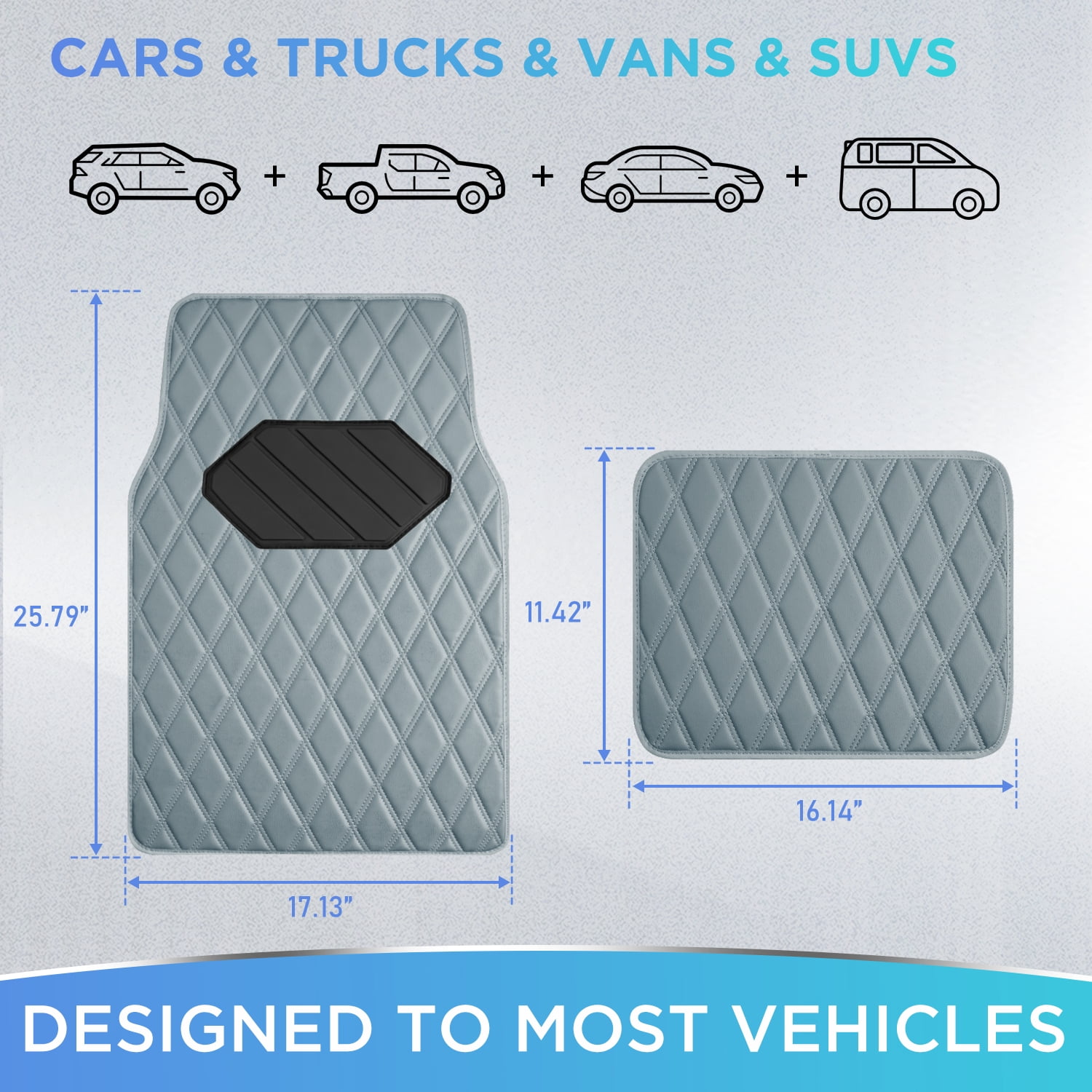 Road Comforts 4PC Leather Quilted Car Floor Mats, Stylish, Durable, Waterproof, Non-Slip, Full Coverage for Cars and SUVs Gray