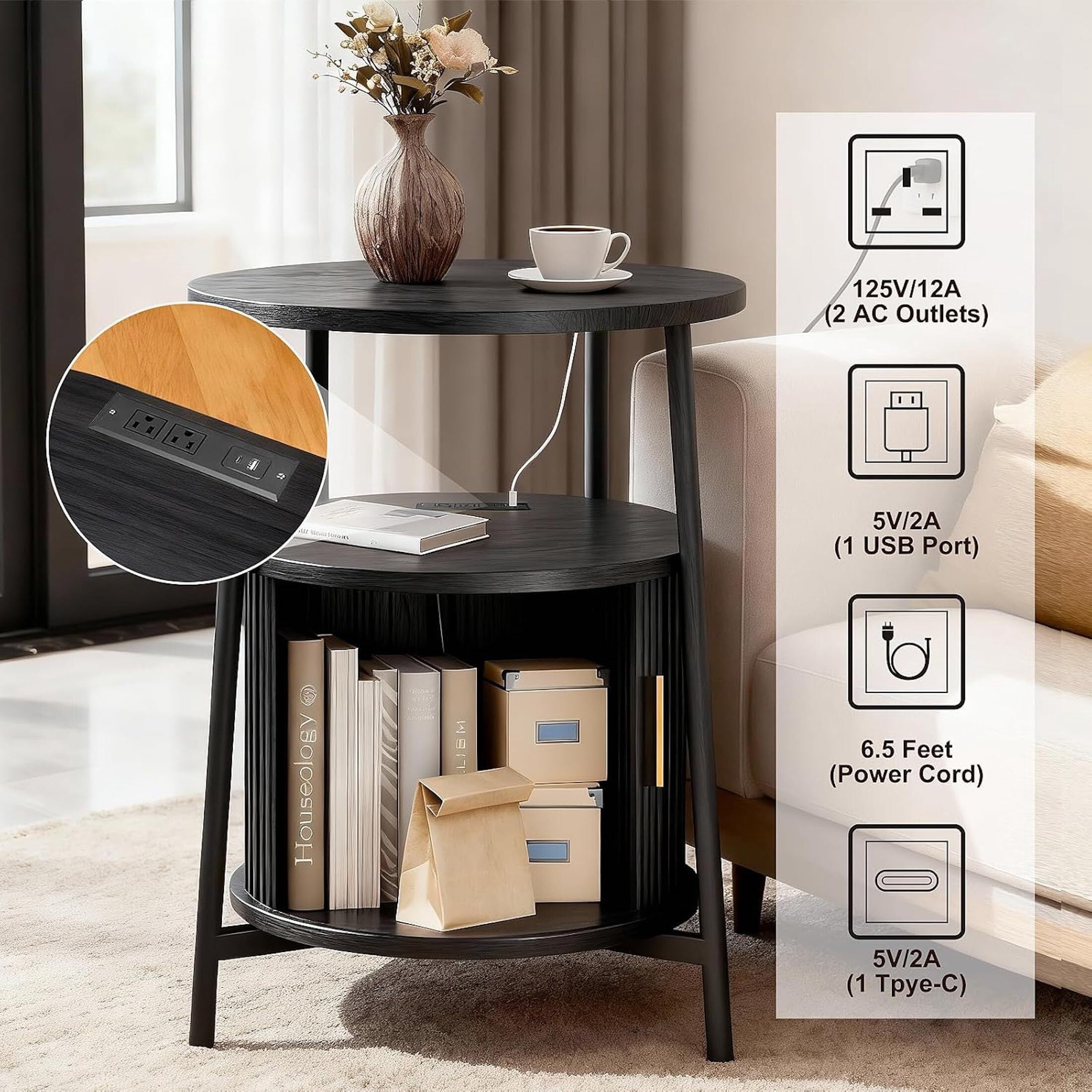 AISWORD Nightstand with Charging Station, Modern Round Bedside Table with Sliding Door Storage, Black