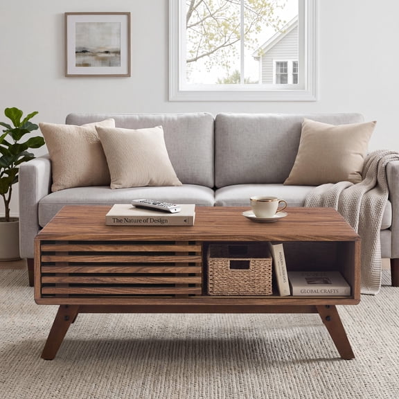 Rayshen Mid-Century Modern Lift-Top Coffee Table with Hidden Storage, Slatted Sliding Door & Open Shelf, Walnut Brown Rectangle Cocktail Table for Living Room, Easy Assemb