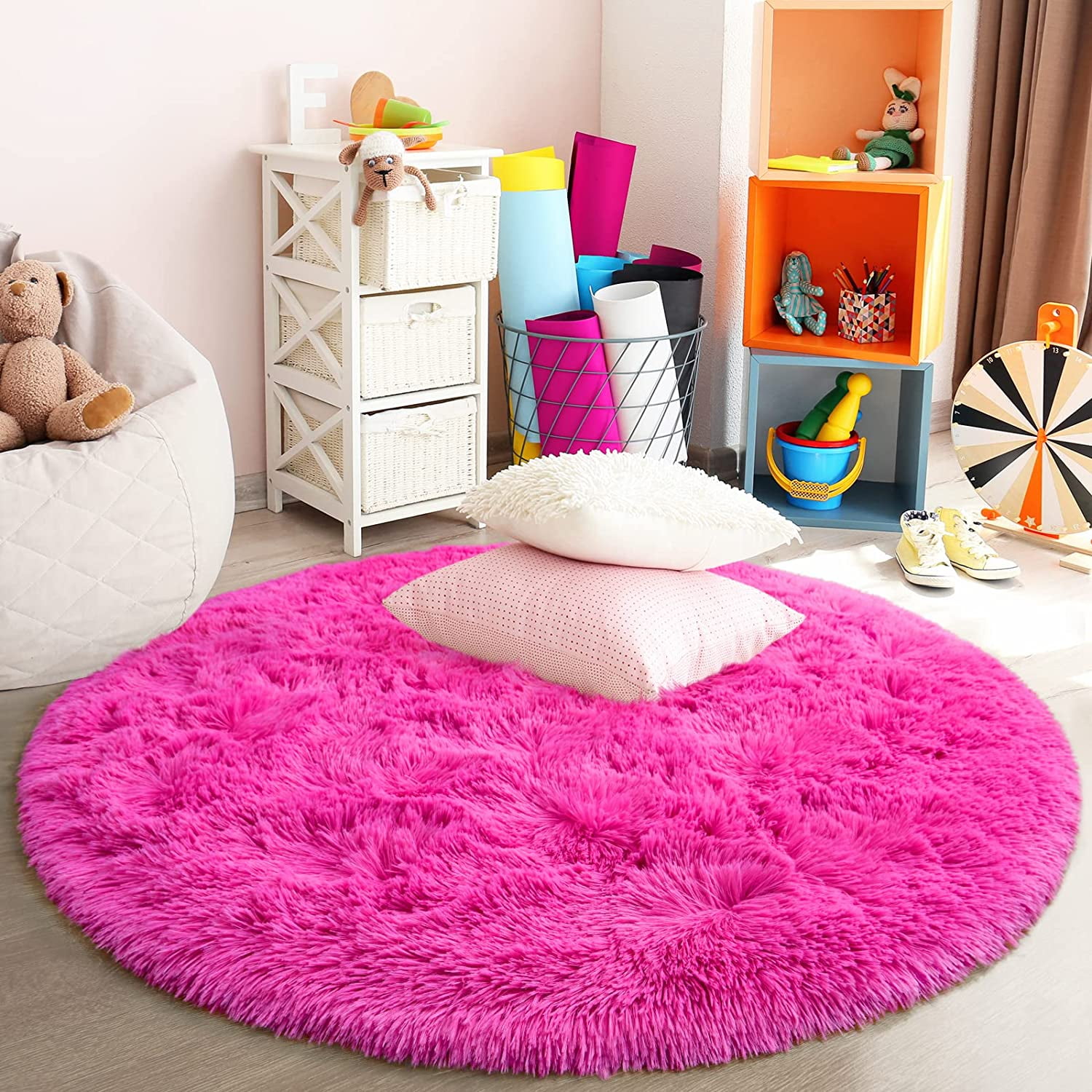 junovo Pink Round Rug 4x4 Feet Fluffy Soft Area Rugs for Kids Girls Room  Princess Castle Plush Shaggy Carpet Cute Circle Nursery Rug for Girls  Bedroom