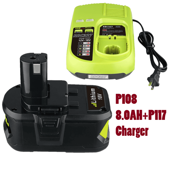 8.0Ah P108 Battery and Charger Combo for Ryobi 18V Lithium-ion P102 P197 18Volt Battery and Charger Kit for Ryobi