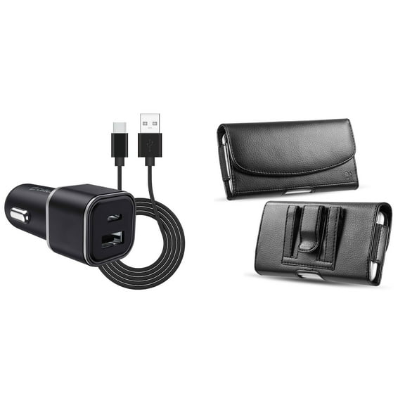 Holster and Car Charger Bundle for Moto G 5G (2022): Professional PU Leather Belt Pouch Case (Black) and Compact High Power 30W Dual USB Port (Type-C & USB-A) Auto Power Adapter