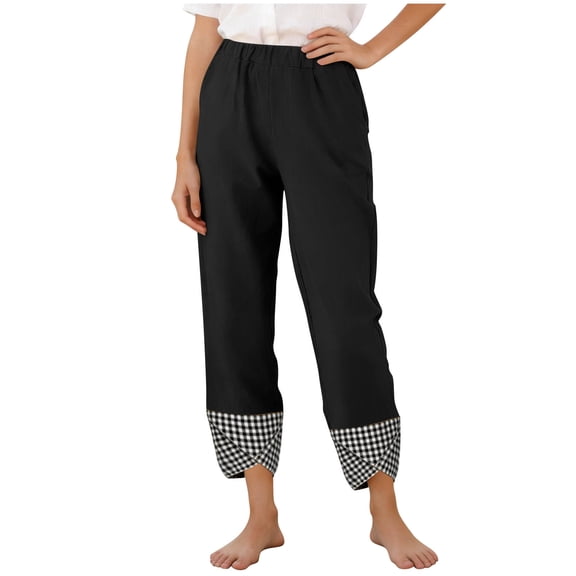Iyufng Checkered Panels Pants for Women Elastic Waistband Wide Leg Pants Loose Casual Trousers with Pockets