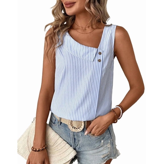 Women'S Button Asymmetrical V Neck Striped Print Blouses Casual Sleeveless Tank Top Summer Shirt Tops Light Blue XXL