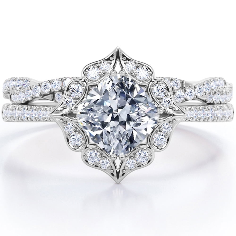 JeenMata Flower Cluster 1.75 Carat Cushion Cut Moissanite Infinity Pave Bridal Ring Set in 18K White Gold Plating over Silver