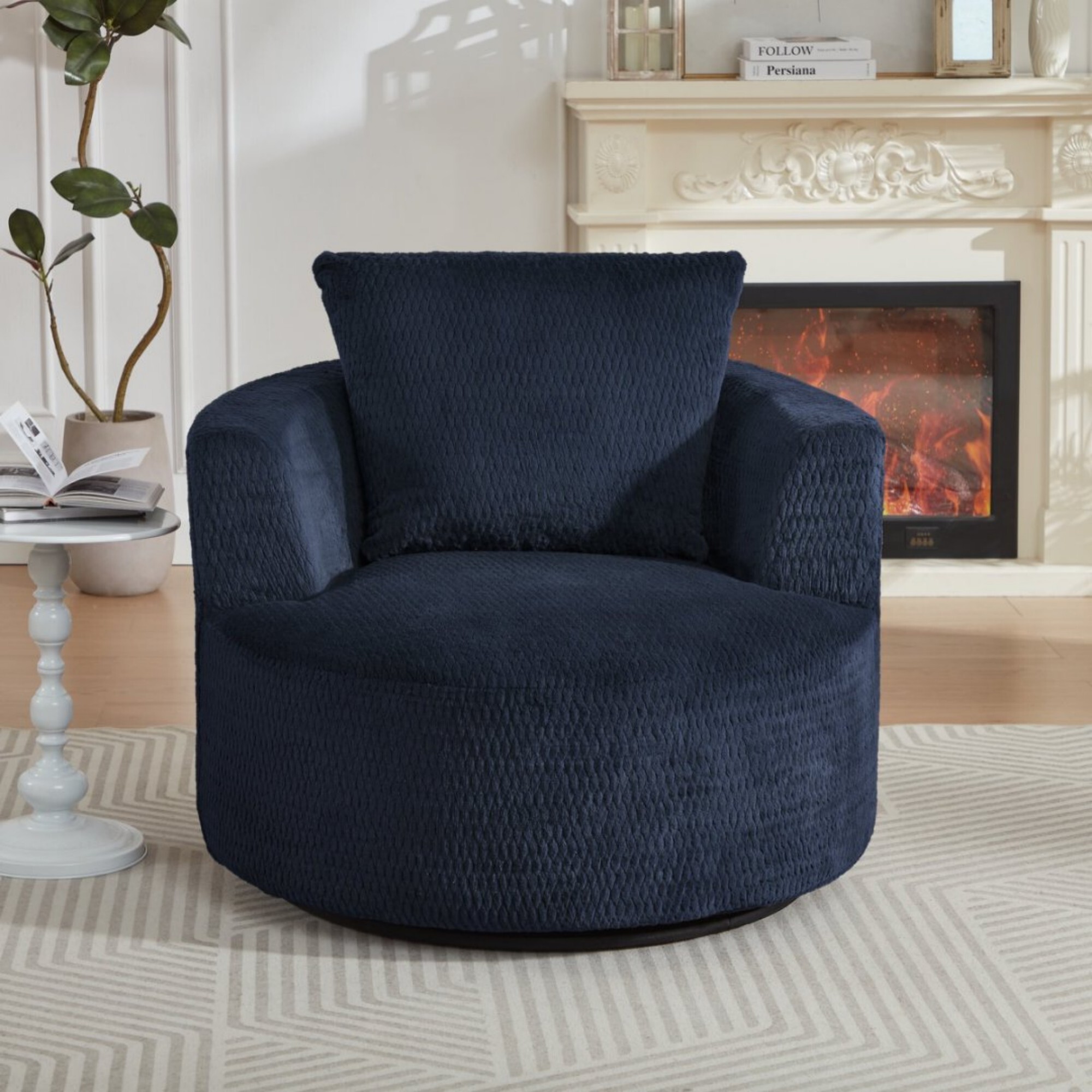 DEALTOPS Compressed 360° Swivel Barrel Chair, Modern Faux Fur Accent Chair with Pillow, Cozy Small Space Lounge, Blue