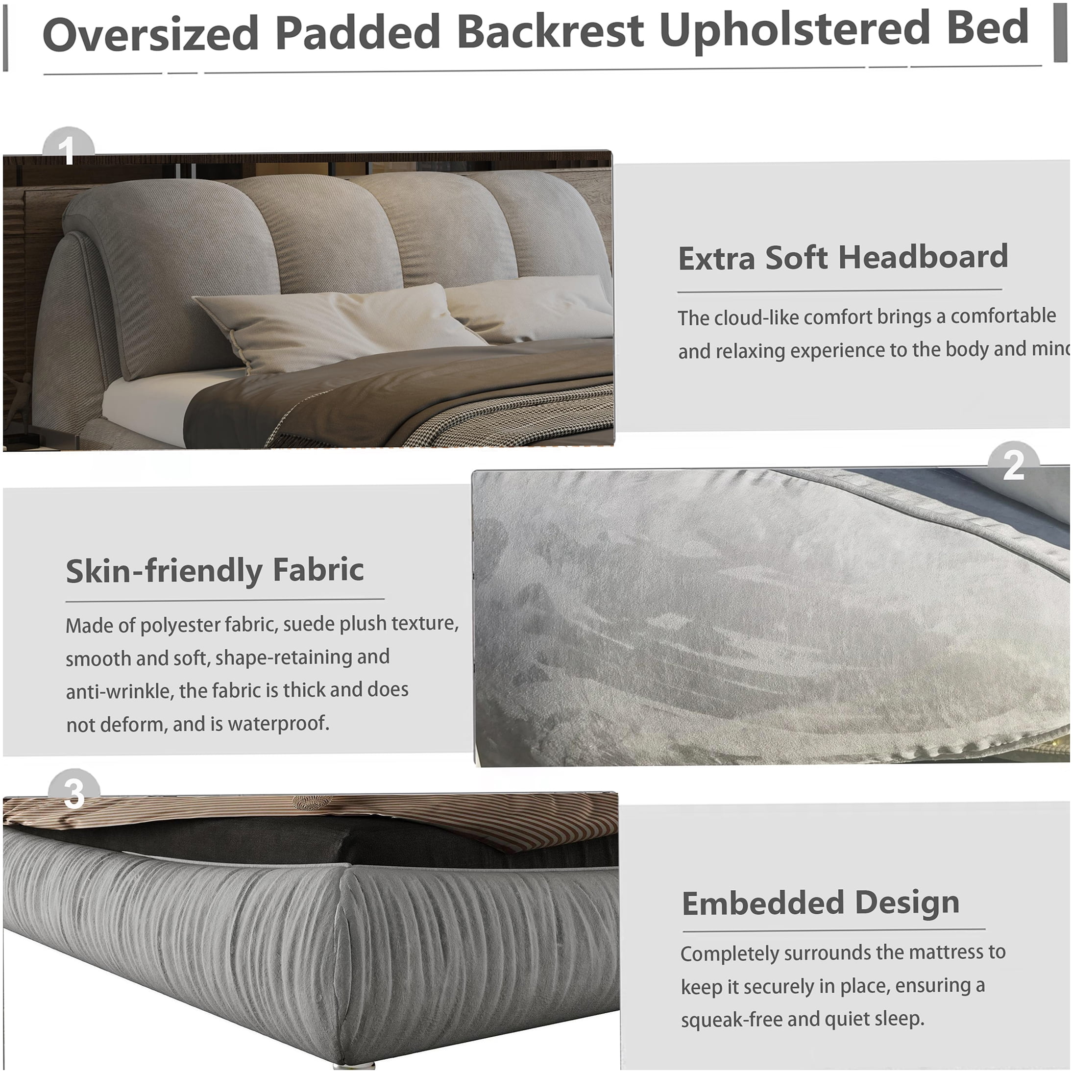 King Size Upholstered Bed Frame with Headboard, Grey Fabric Platform Bed, No Box Spring Needed, Heavy Duty Support