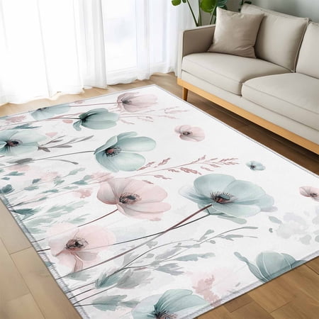 Area Rug 60&times;96in Watercolor Blossom Poppy Floral Floor Carpet Living Room Rug Retro Flower on White Non-Slip Welcome Mat Indoor Rugs for Bedroom Dining Room