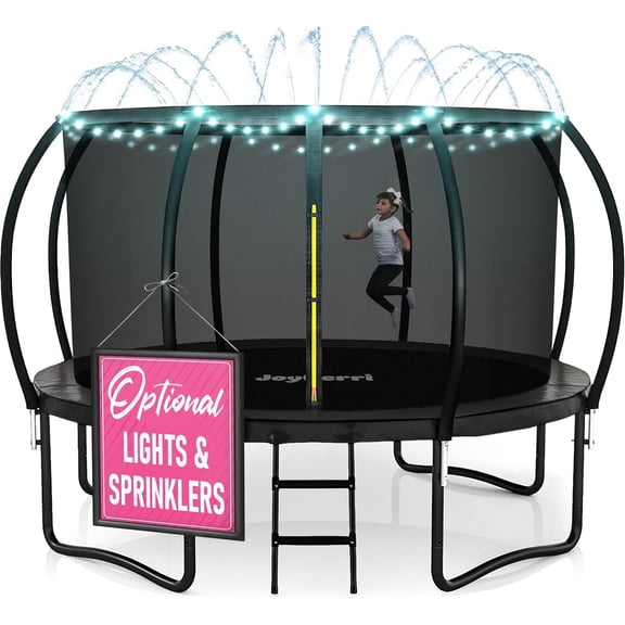 Joyberri trampoline for kids with trampoline net, add-on LED lights, and sprinklers, 12-ft, Black