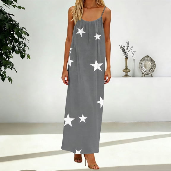 Aimik Women's Scoop Neck Spaghetti Strap Dress Summer Fashion Print Loose Straight Maxi Dress Relaxed Fit Lounge Vacation Dress
