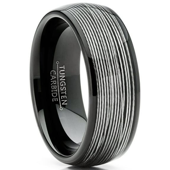 Metal Masters Mens Tungsten Wedding Band Steel Cables Ring Inlay Black Dome 8mm