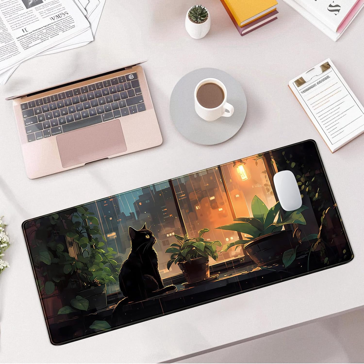 Black Cat Plants Desk Mat Large Gaming Mouse Pad 31.5''X11.8'' Extended Big Mousepad XL Cozy Lofi Desk Pad Cute Dark Academia Aesthetic Keyboard Mouse Mat Anime Office Decor Gift