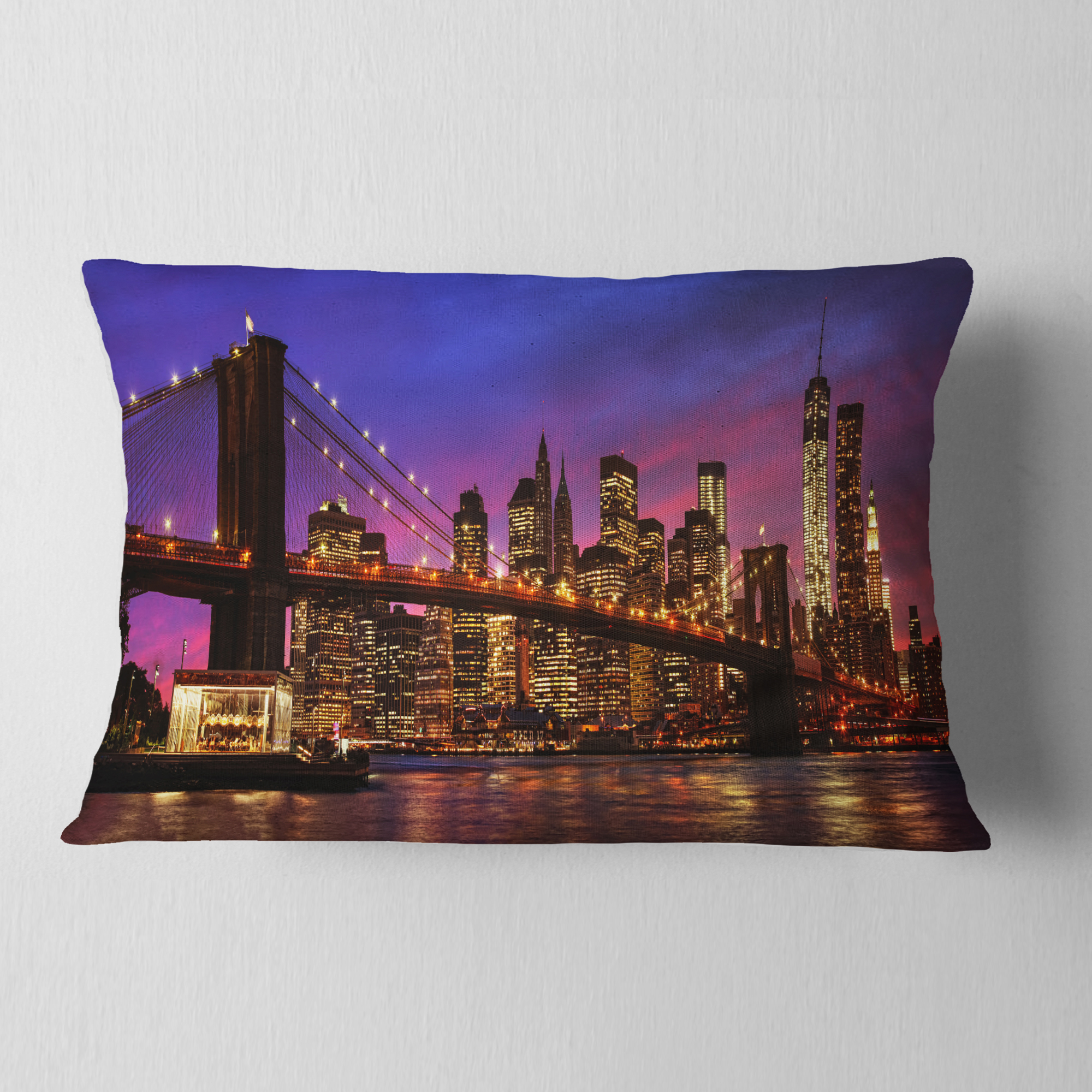 Designart Brooklyn Bridge and Manhattan at Sunset - Throw Pillow - 12x20