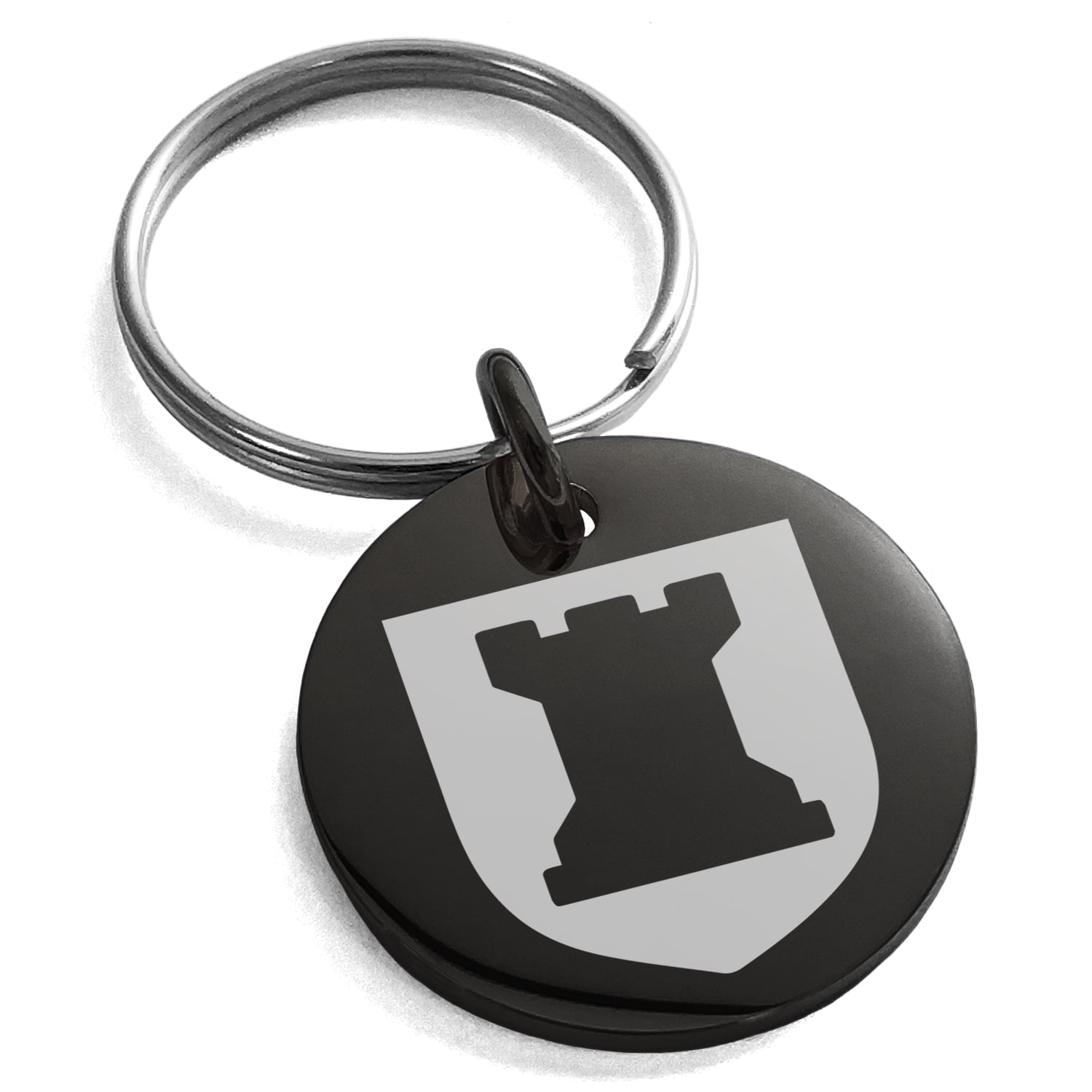 Stainless Steel Rook Strategy Coat of Arms Shield Engraved Small Medallion Circle Charm Keychain