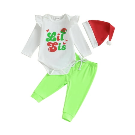 

Baby Girl Boys Christmas Outfit Long Sleeve Lil Sis Bro Romper Shirts Green Pants with Santa Hat Sets