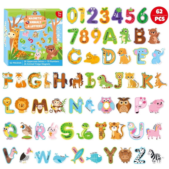 Allhall 62 Pcs Magnetic Letters and Numbers, Colorful ABC Animal Alphabet Fridge Magnets, Educational Spelling Learning Game