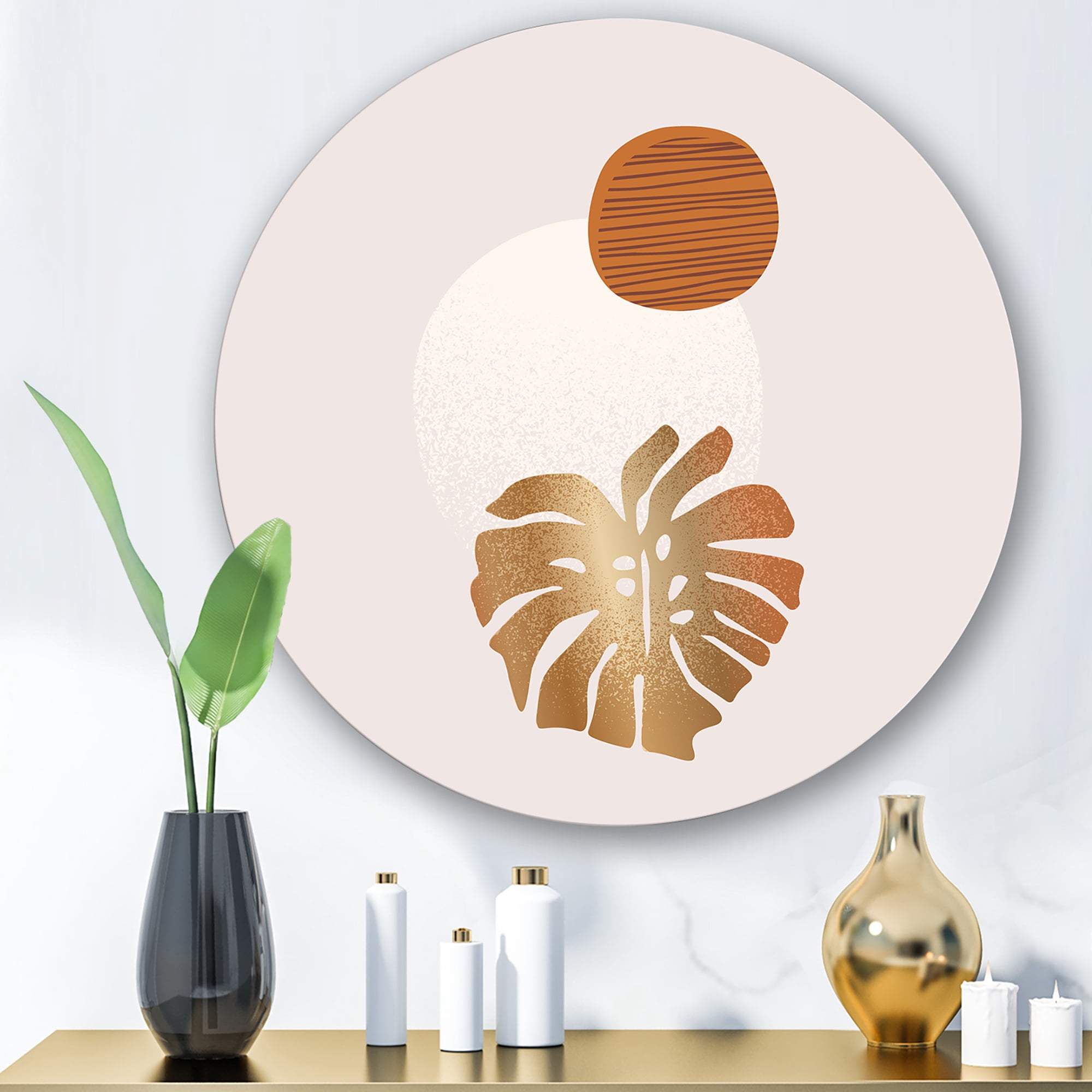 Designart 'Abstract Geometry Shapes and Tropical Palm Leaf II' Modern Circle Metal Wall Art 11x11 - Disc of 11