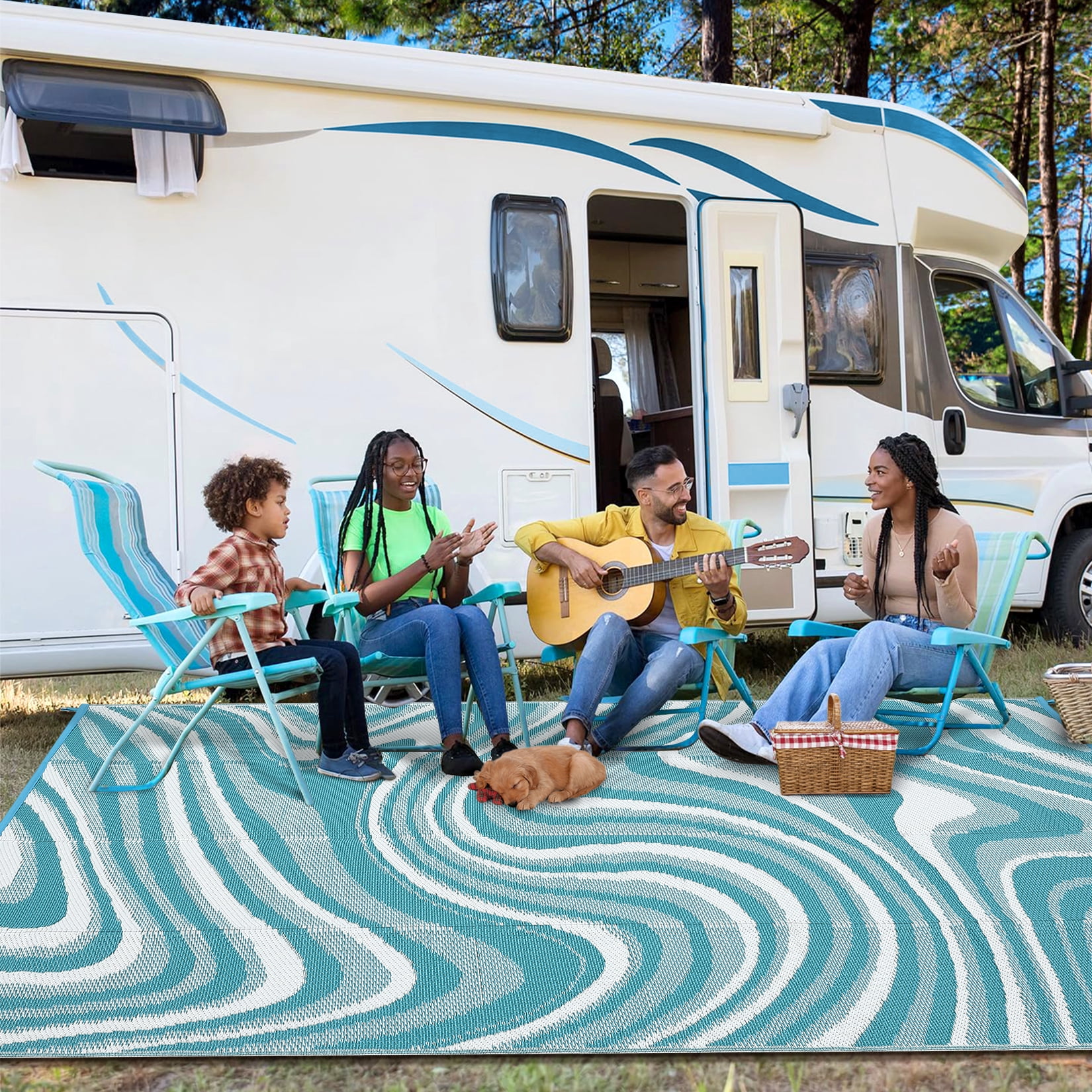 Garvee Outdoor Rug 9'x12' Abstract Plastic Area Rug Waterproof Reversible Outdoor Carpet, Plastic Straw Rug for Patio RV Camping Balcony Deck Backyard, Light Blue