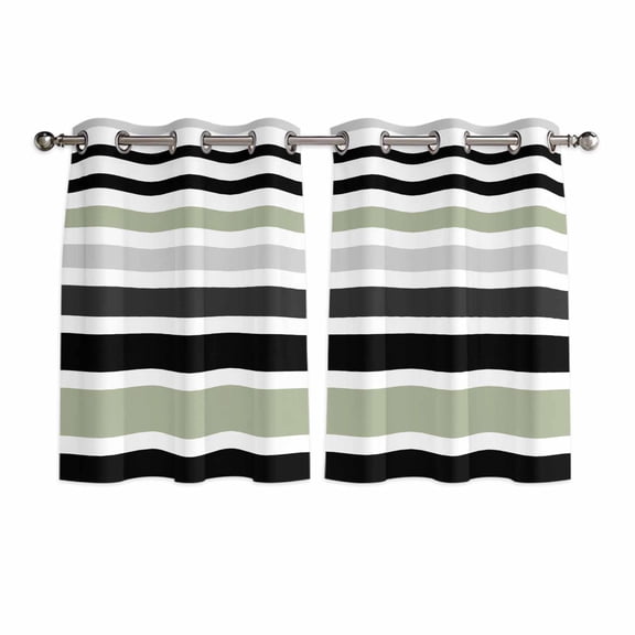 Sage Green Black Stripe Kitchen Curtains Short 45 Inch Length, Modern Abstract Coarse Striped Grommet Top Bedroom Living Room Curtains, Light Filtering Cafe Curtain Drapes 2 Panels Set 84''x45''