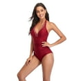 thumbnail image 4 of SWSMCLT Women's High Waisted Swimsuit Beach Halter V Neck One Piece Bathing Suit Slimming Ruched Swimwear Burgundy XX-Large, 4 of 4