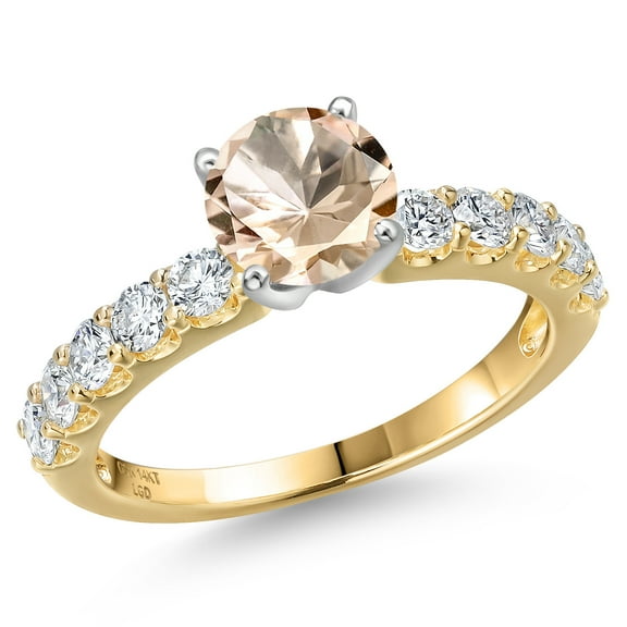 Gem Stone King 14K Two Tone Gold Peach Morganite and Lab Grown Diamond Engagement Ring for Women | 1.25 Cttw | Round 6MM | Gemstone October Birthstone | Size 6