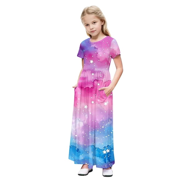 BFHHYA Girls Short Sleeve Maxi Dress Teens Fashion Print Loose Flowy Dress Summer Beach Boho Tshirt with Pockets Size 4-14 Y