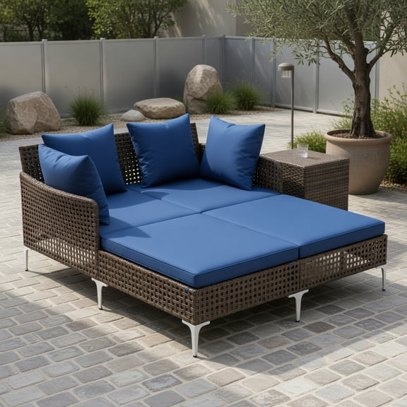 Outdoor Double Rattan Daybed with Beige Cushions – Navy Frame, PE Wicker Chaise Lounge for Patio, Poolside & Deck – 800 lb Capacity