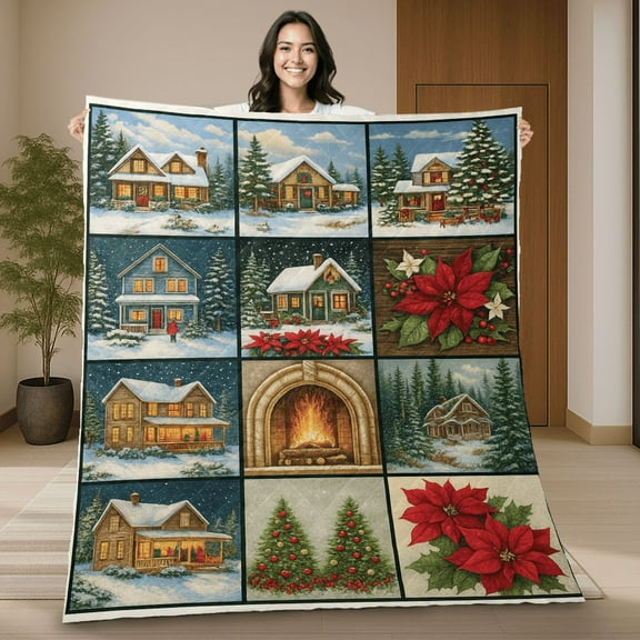 Christmas Cabin Winter Cottage Quilt Blanket - Winter Holiday Quilt with Poinsettias, Fireplace & Snowy Houses, Holiday Rustic Farmhouse Decor - Merry Xmas Blanket